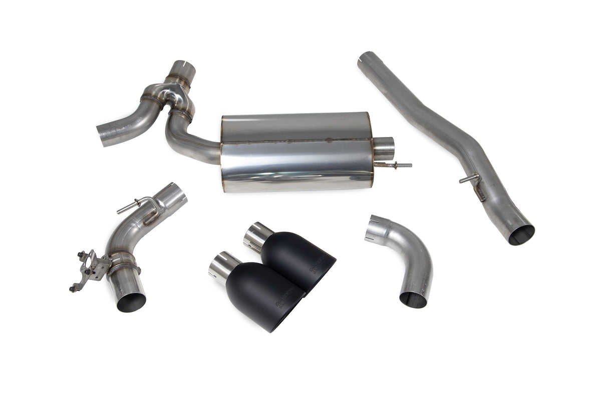 Scorpion BMW M135i xDrive GPF-Back Exhaust System with electronic valve, showcasing polished metal pipes and exhaust tips.