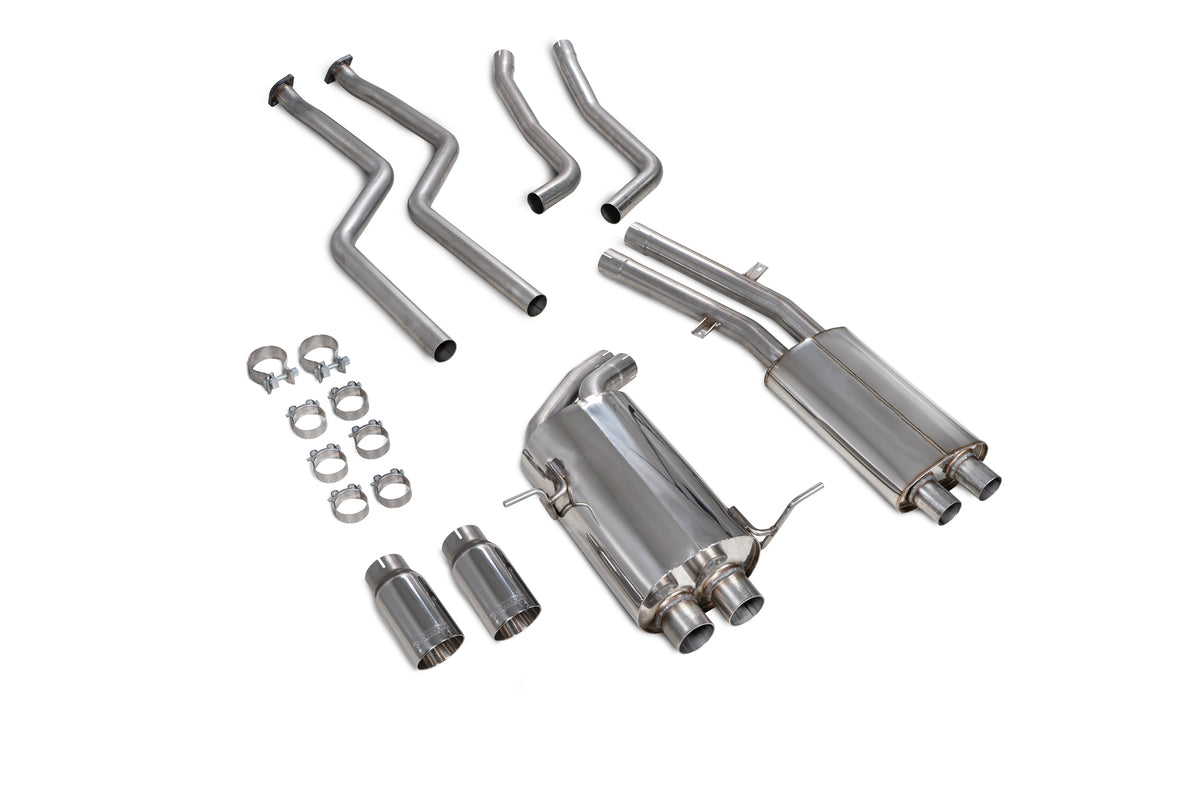 Scorpion BMW E46 cat-back exhaust system for 320, 325, 330 models, shown in polished stainless steel with dual tailpipes.