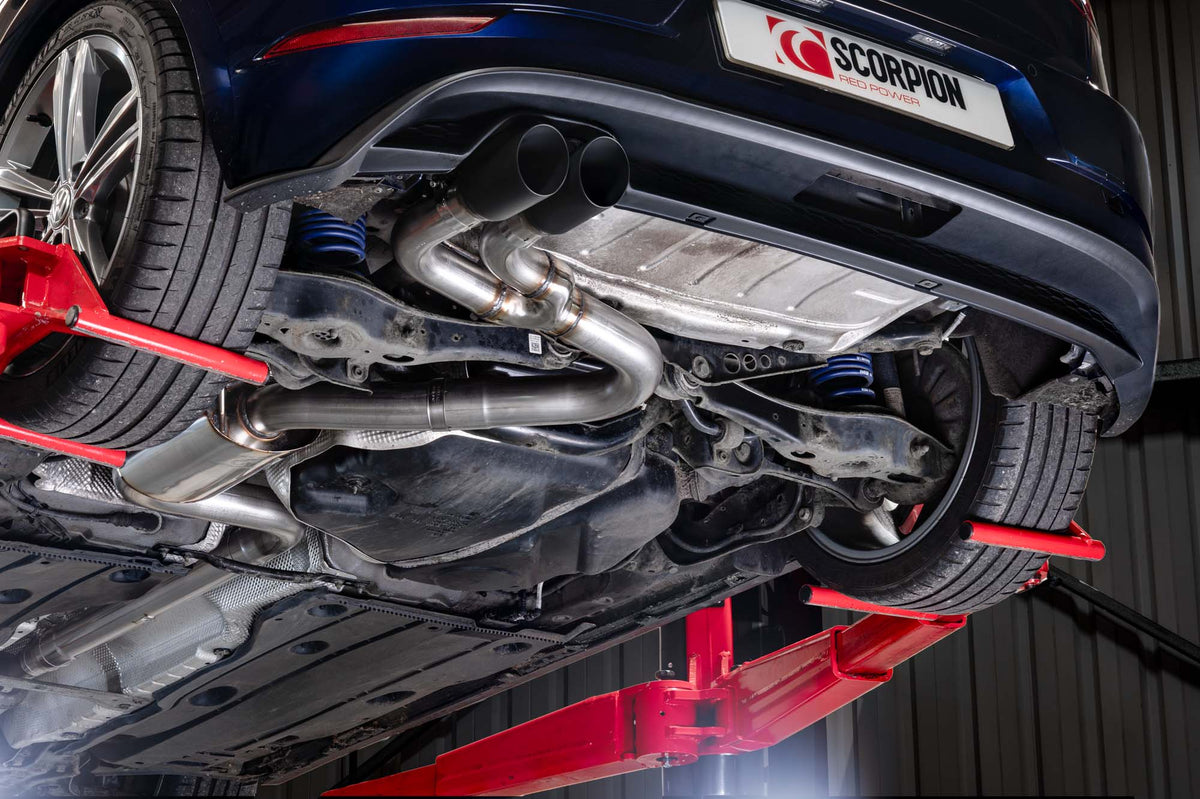 Scorpion Volkswagen Golf Mk7.5 1.5 TSI non-resonated cat-back exhaust system installed, showcasing polished stainless steel pipes.