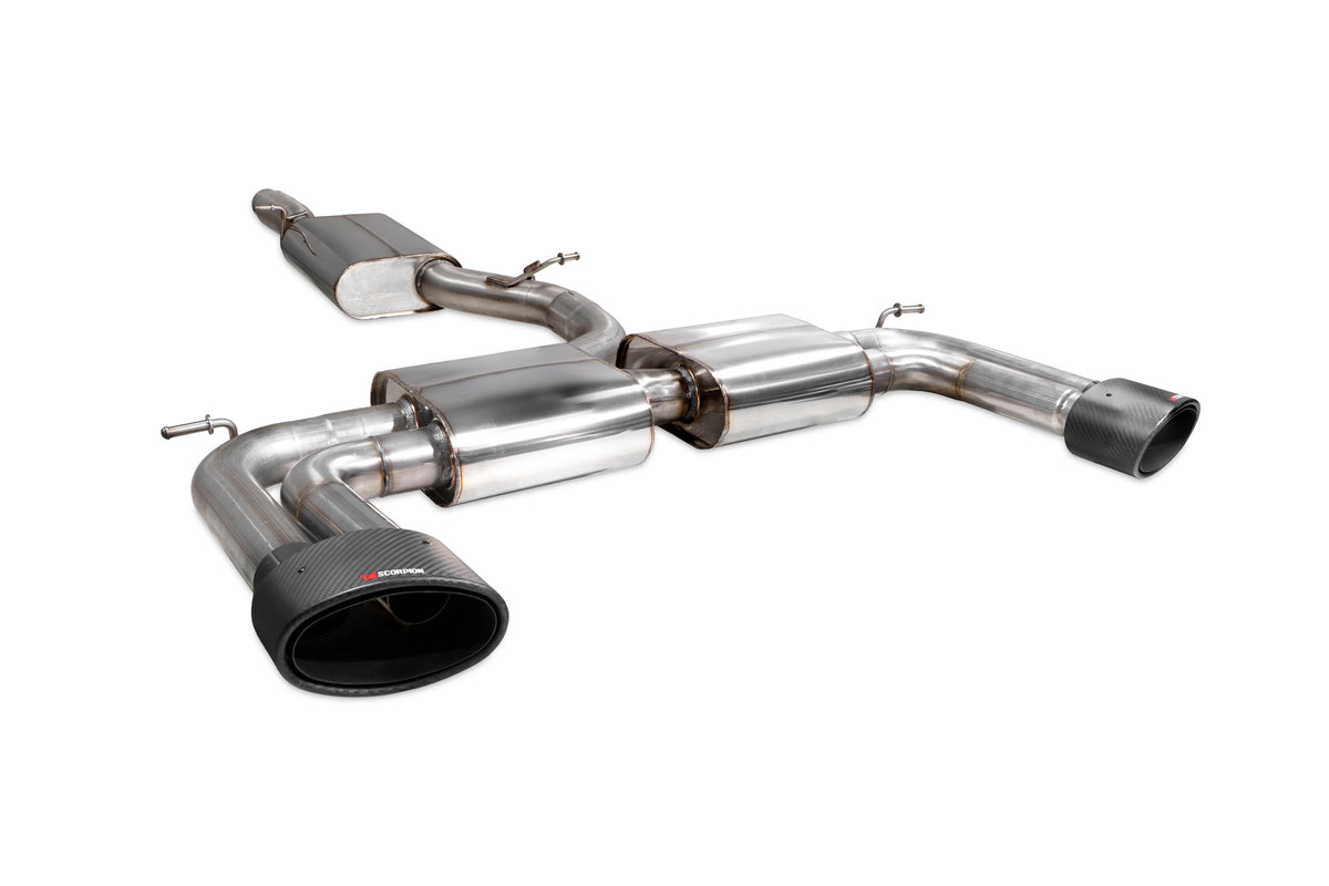 Scorpion Audi S3 8V GPF-back exhaust system without valves, showing polished metal pipes and resonated muffler components.