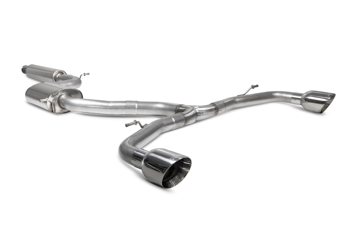 Scorpion Volkswagen Golf MK8 GTI GPF-Back Exhaust System with resonated muffler and polished stainless steel finish.