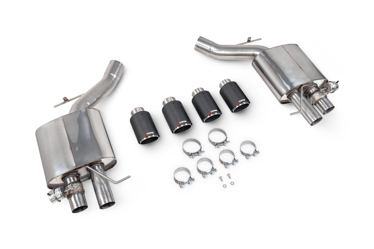 Scorpion BMW M5 F10 rear silencer exhaust part, showcasing the black metal finish and mounting points for the vehicle.