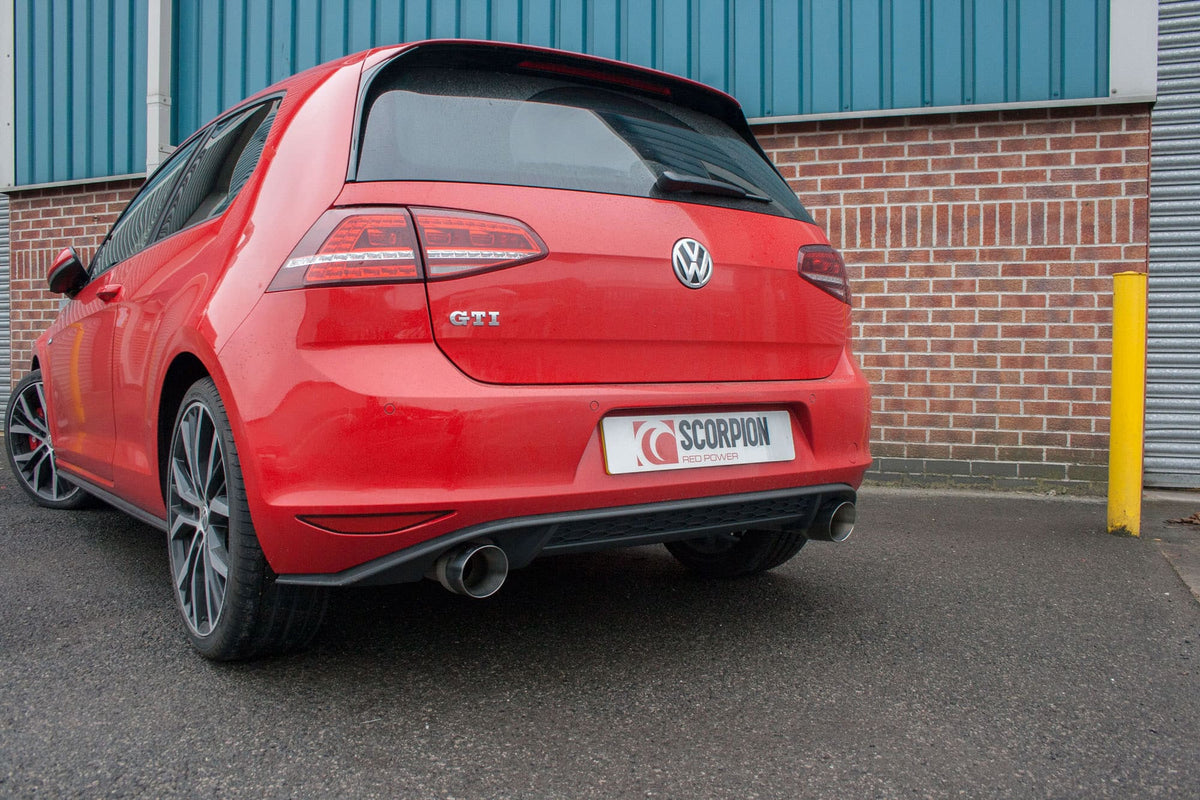 Scorpion Volkswagen Golf MK7 GTI resonated cat-back exhaust system with polished stainless steel muffler and piping for enhanced sound.