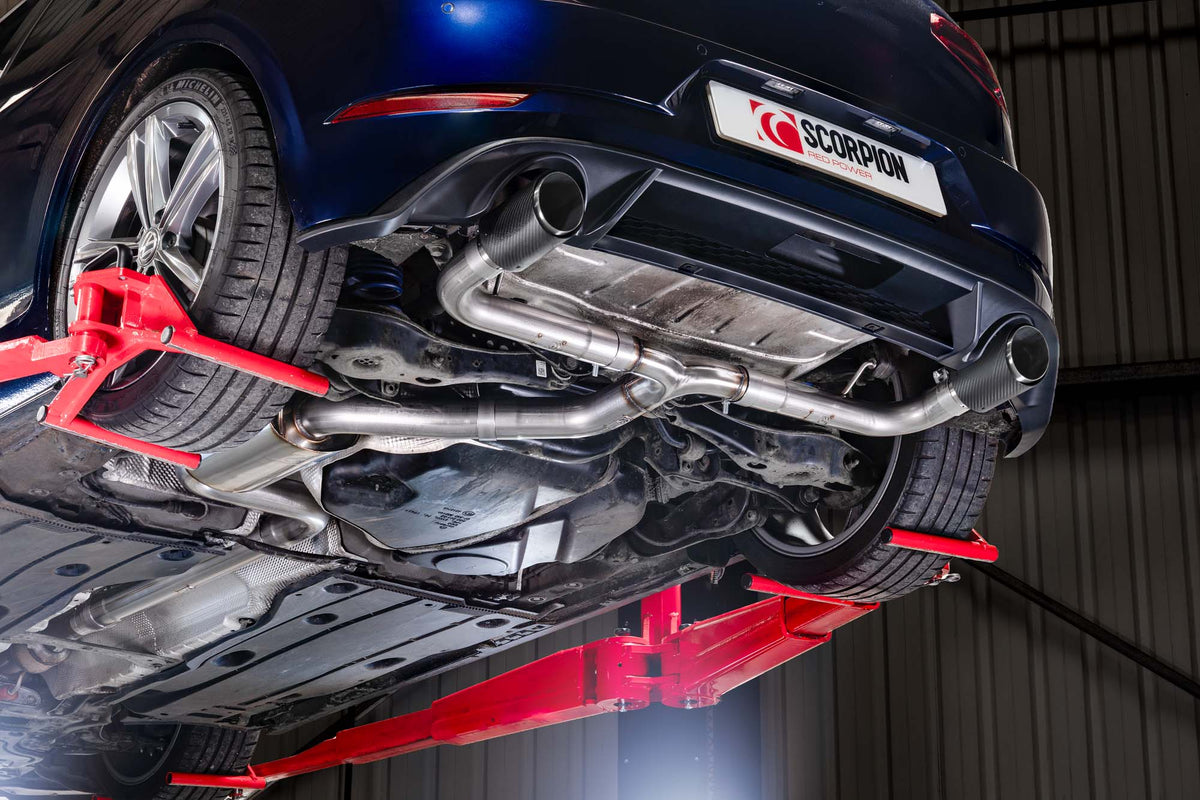 Scorpion Volkswagen Golf Mk7.5 1.5 TSI non-resonated cat-back exhaust system installed on a car showing the polished exhaust tips.