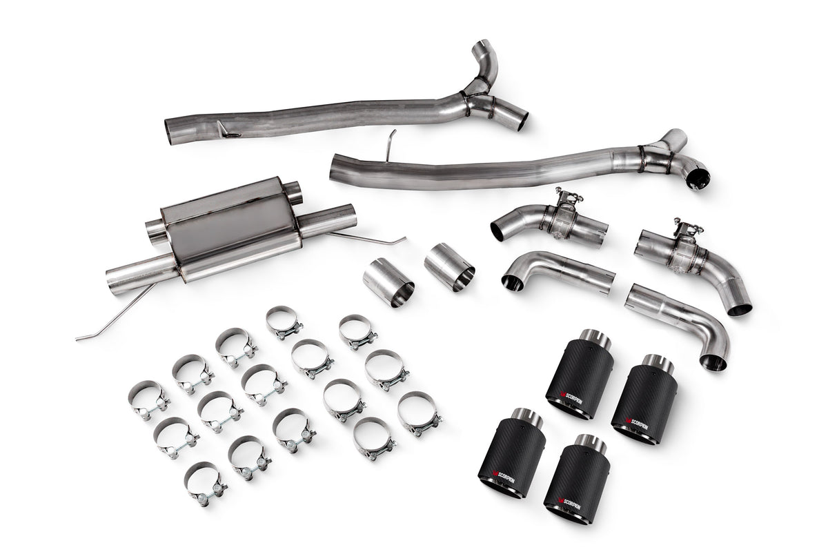 Scorpion BMW F90 M5 half exhaust system with electronic valves, pre and post LCI, showcasing polished metal pipes and valve controls.