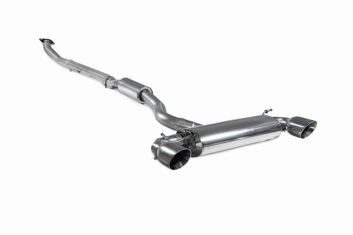 Scorpion Toyota GR Yaris GPF-Back Exhaust System with resonated design, showcasing the sleek exhaust pipes and polished finish.