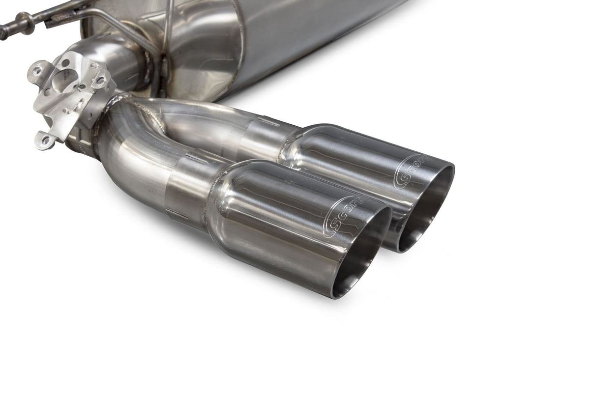 Scorpion BMW M2 F87 Non GPF cat-back exhaust system with electronic valve, showing polished stainless steel pipes and muffler.