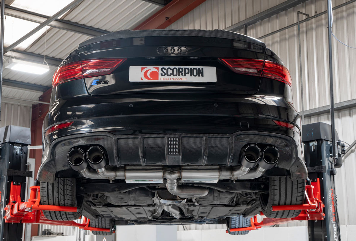 Scorpion Audi S3 8V saloon GPF-back exhaust system with resonated cat and valves, showcasing polished pipes and exhaust tips.