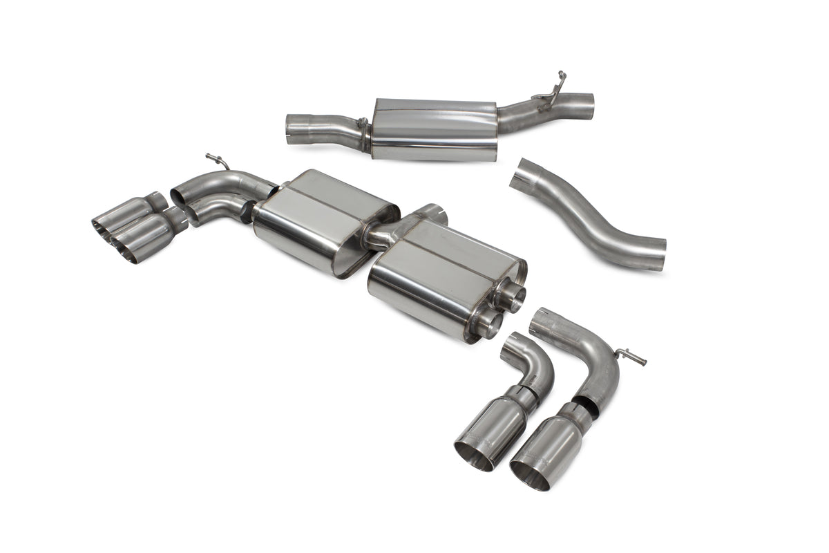 Scorpion Volkswagen Golf MK7 R resonated cat-back exhaust system with no valves, showcasing polished stainless steel pipes and muffler.