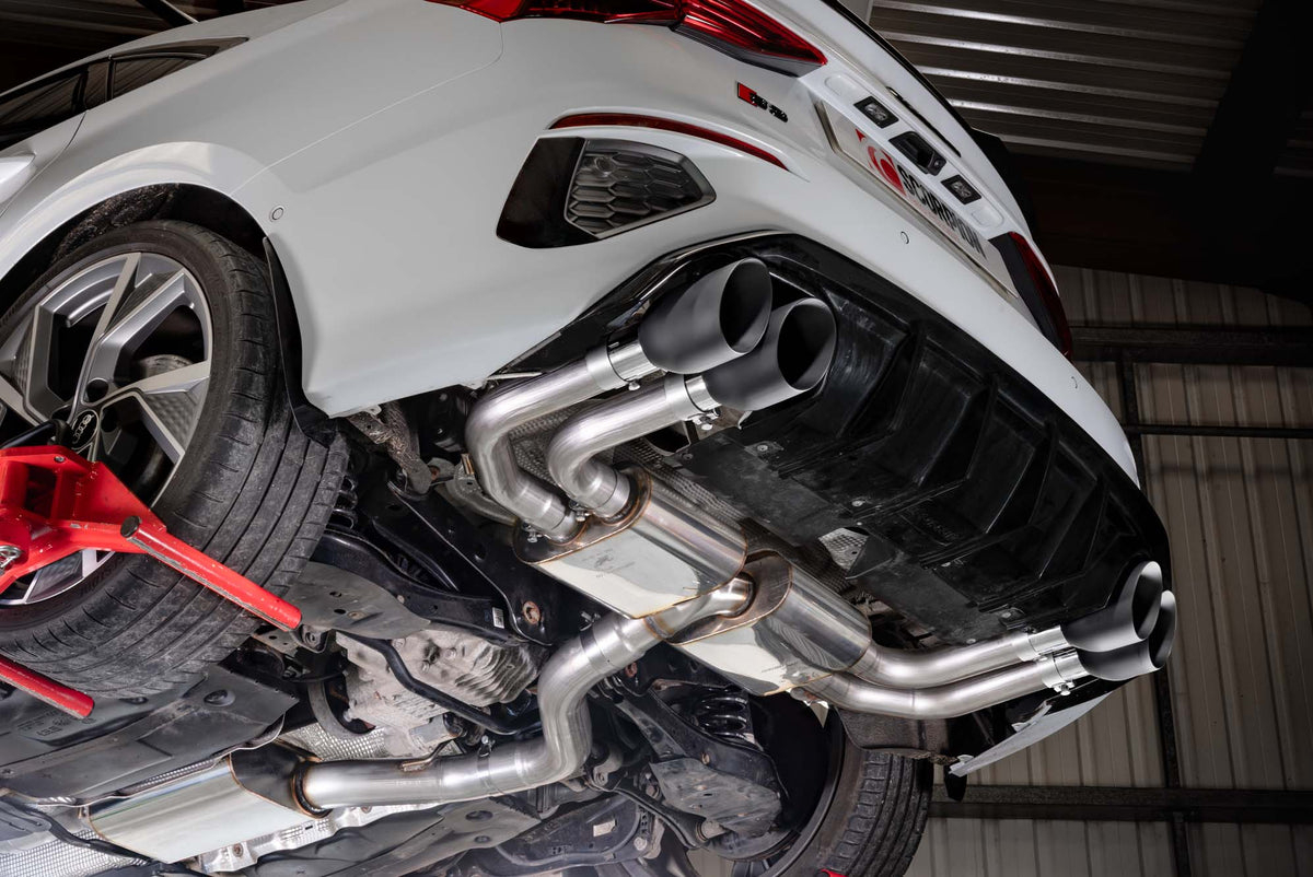 Scorpion Audi S3 8Y Sportback GPF-Back Exhaust System with resonated cat and dual exhaust tips, installed on the vehicle.