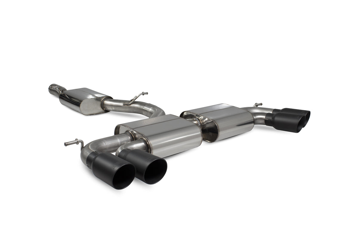 Scorpion Audi SQ2 GPF-Back Exhaust System with resonated design, non-valved, showcasing polished stainless steel pipes and mufflers.