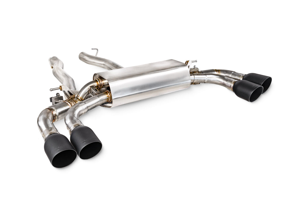 Scorpion BMW M5 G90 G99 GPF-Back Exhaust System with electronic valves, showcasing the sleek stainless steel design and dual exhaust tips.