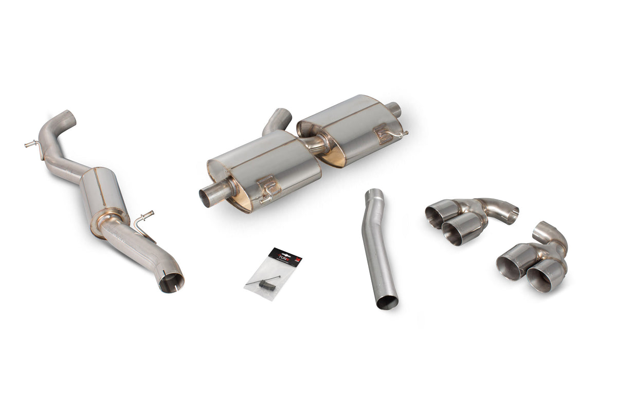 Scorpion Audi S1 2.0 TFSI quattro cat-back exhaust system without valves, showcasing polished stainless steel pipes and mufflers.