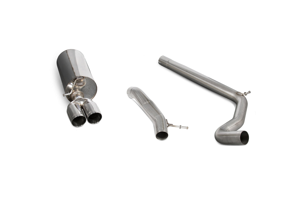 Scorpion Volkswagen Polo Gti 1.8T 6C non-resonated cat-back exhaust system installed on a car engine, showing the metallic piping and muffler.