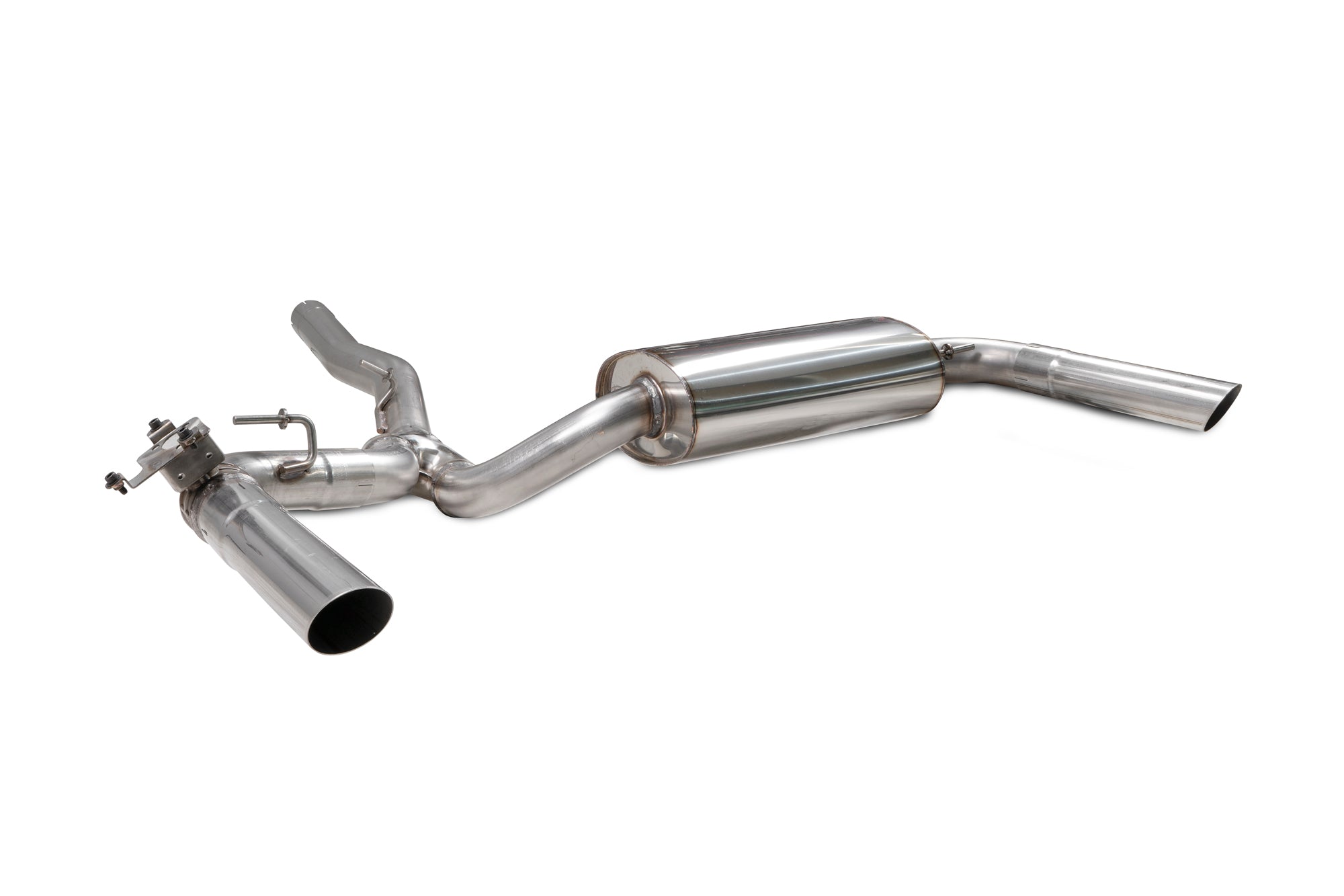Scorpion BMW M235i Gran Coupe xDrive F44 GPF-back exhaust system with electronic valve, showcasing polished metal pipes and muffler