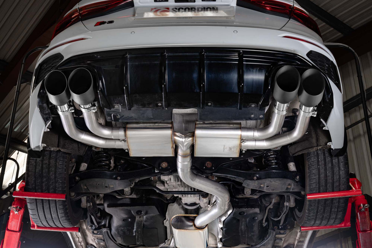 Scorpion Audi S3 8Y saloon GPF-back exhaust system with resonated cat and dual exhaust tips, showcased on a vehicle.
