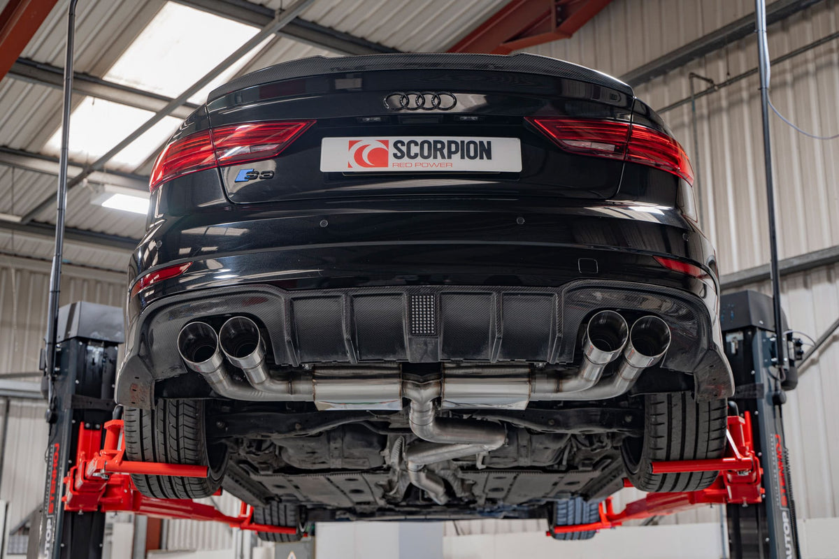 Scorpion Audi S3 8V saloon GPF-back exhaust system without valves, showing the sleek metal pipes and exhaust tips.