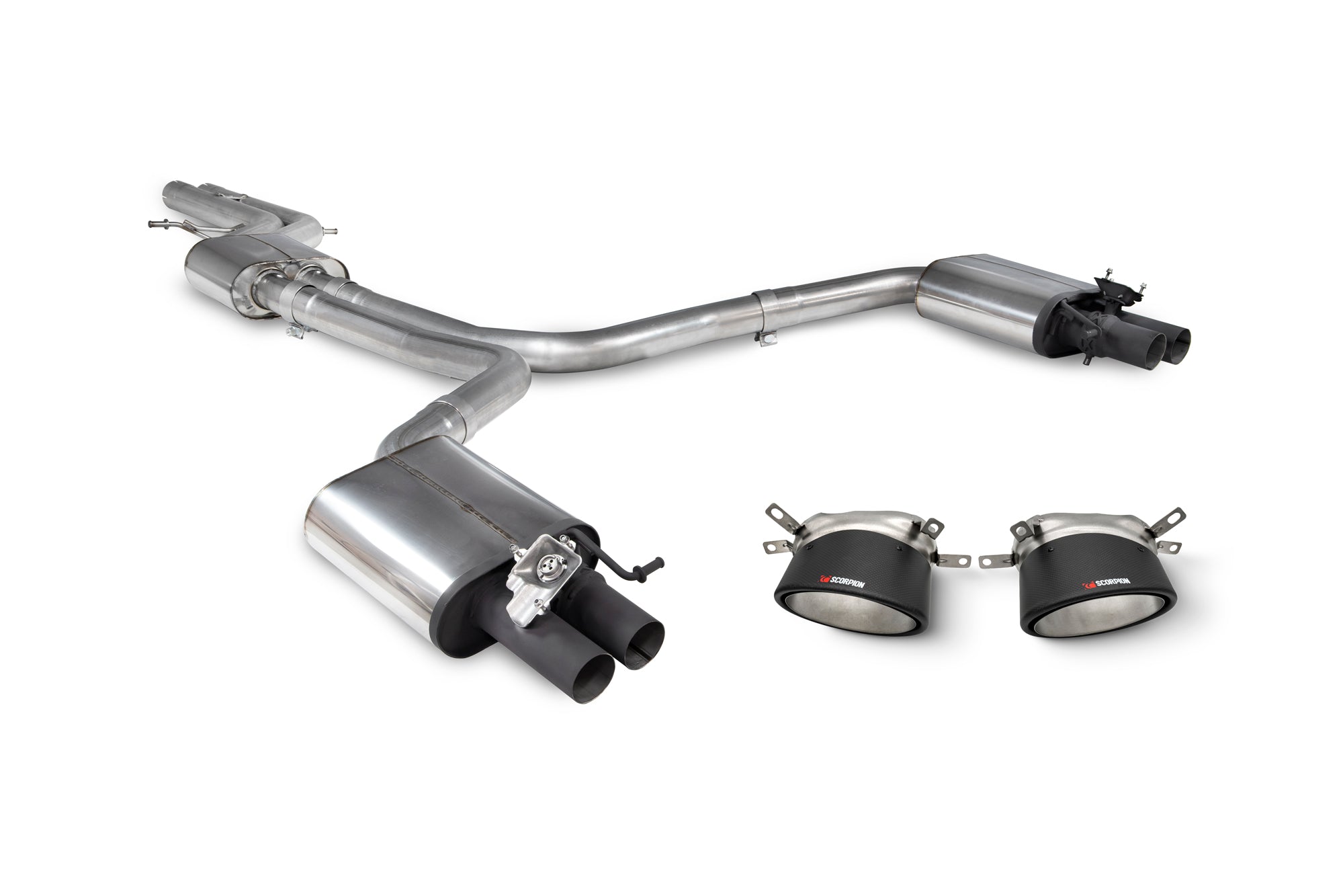 Scorpion Audi RS7 C7 resonated half system tailpipe trim with polished metal finish and sleek design.