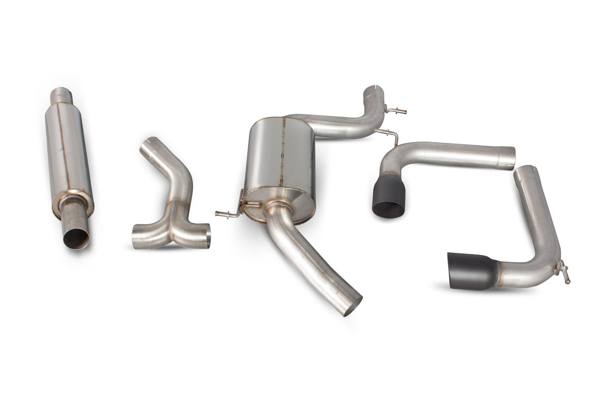 Scorpion Volkswagen Golf MK7 GTI resonated cat-back exhaust system installed on the car, showcasing polished metal pipes and muffler.