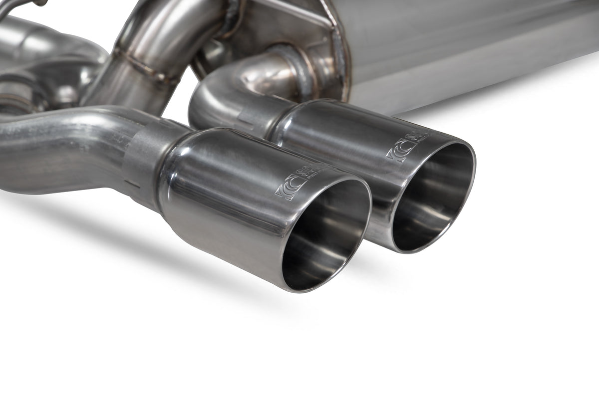 Scorpion BMW M2 Competition F87N GPF-Back Exhaust System with electronic valves, showing stainless steel pipes and exhaust tips.