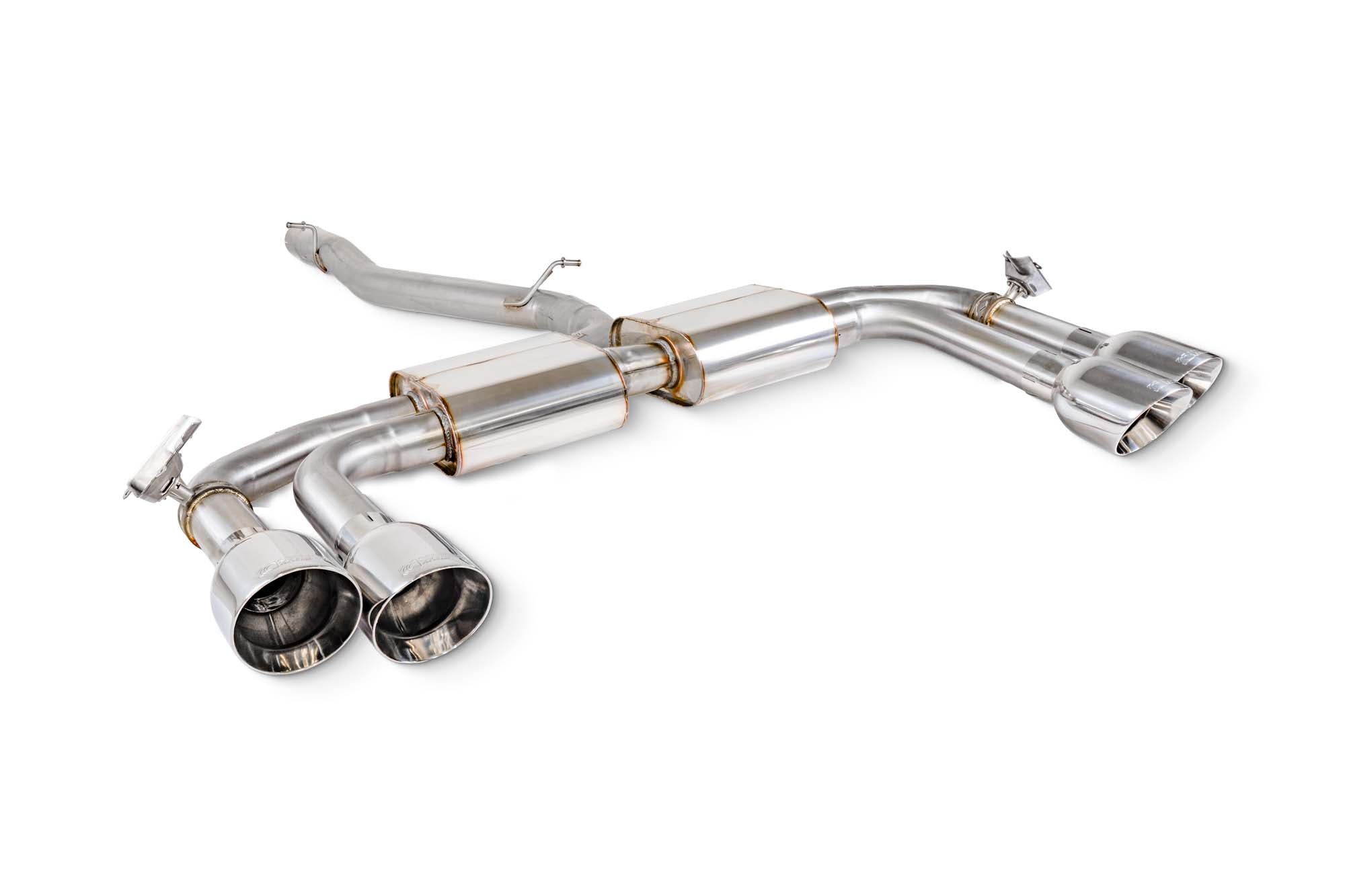 Scorpion Audi S3 8Y sportback GPF-back exhaust system with electronic valves, showcasing polished metal pipes and valve controls.