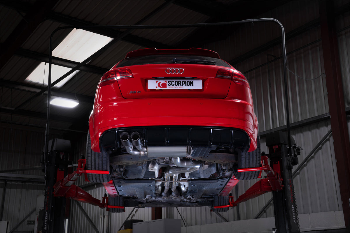 Scorpion Audi RS3 8P non-resonated secondary cat-back exhaust system with polished stainless steel mufflers and dual exhaust tips.