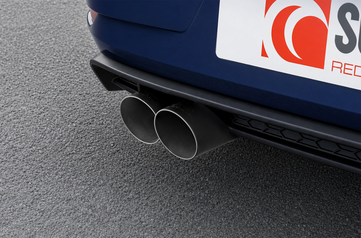 Scorpion Volkswagen Golf Mk7.5 1.5 TSI resonated cat-back exhaust system installed, showing polished stainless steel pipes and muffler.