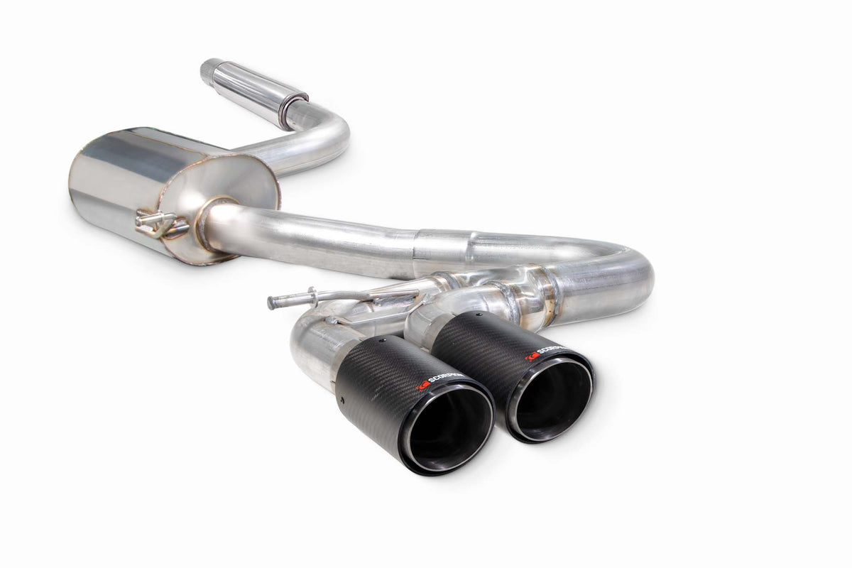 Scorpion Volkswagen Golf Mk7.5 1.5 TSI resonated cat-back exhaust system installed on the car's rear showing polished metal pipes and muffler.