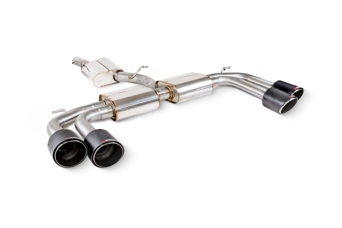 Scorpion Audi S3 8Y Sportback GPF-back exhaust system with resonated cat and GP system, featuring polished stainless steel mufflers.