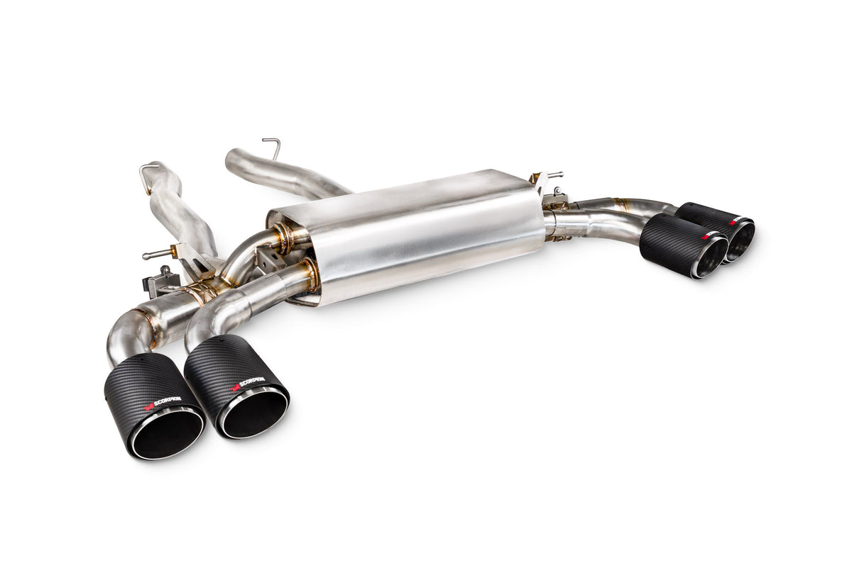 Scorpion BMW M5 G90 G99 GPF-Back Exhaust System with electronic valves installed on a sporty sedan.