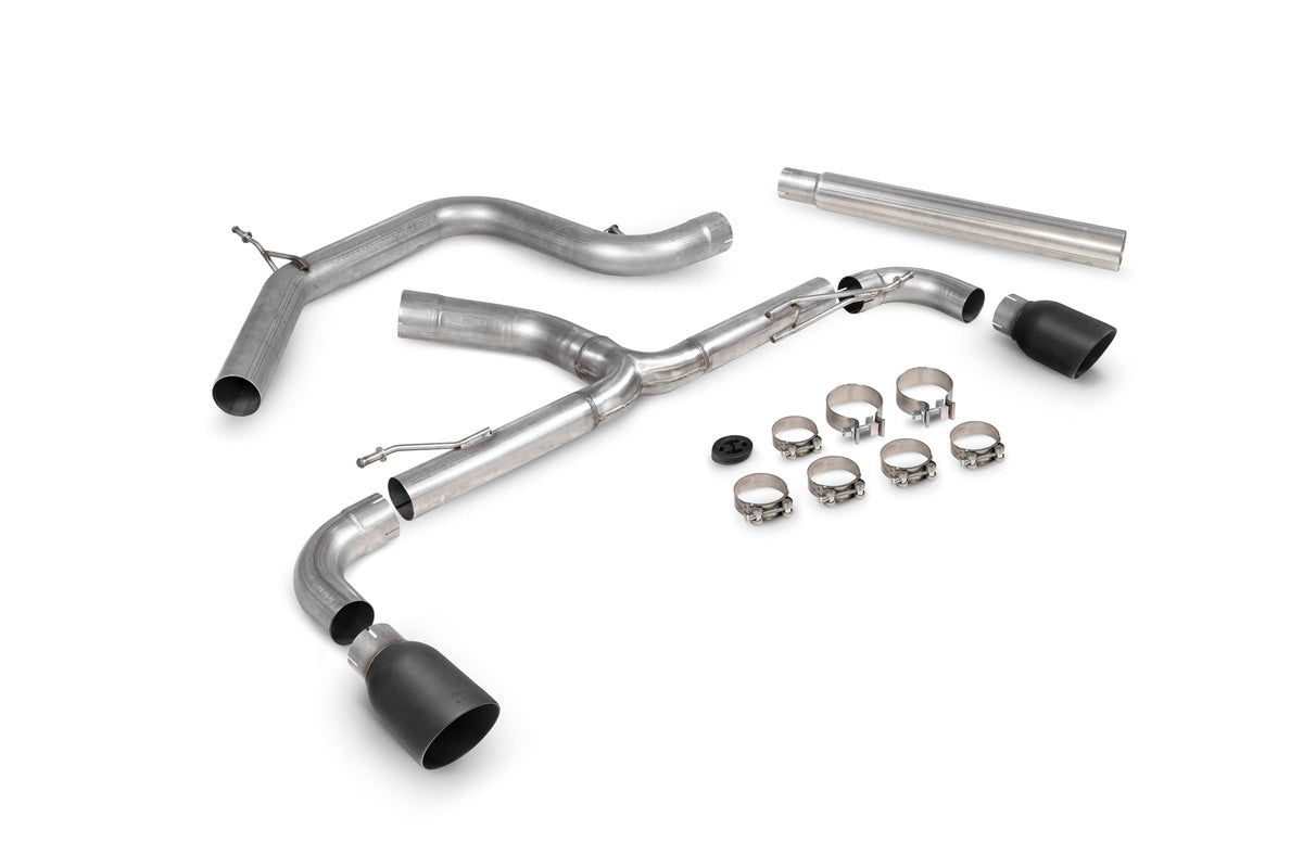 Scorpion Volkswagen Scirocco R cat-back exhaust system with non-resonated predator tips, metallic finish, and dual exhaust outlets.