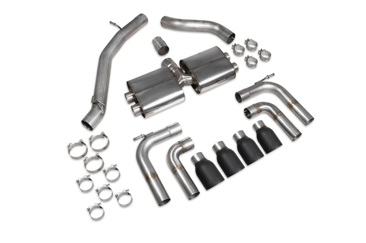 Scorpion Audi S3 8V saloon GPF-back exhaust system without valves, showcasing polished metal pipes and dual exhaust tips.