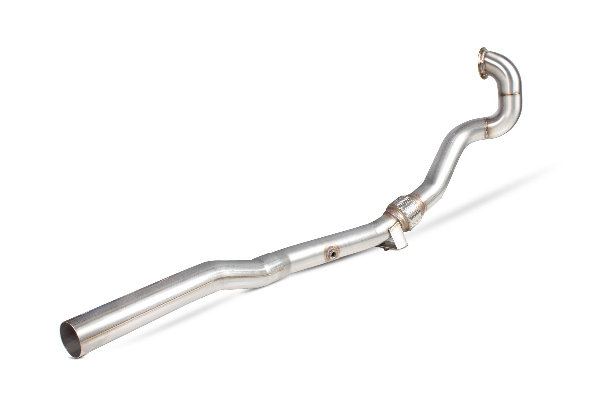 Scorpion Audi S1 2.0 TFSI quattro de-cat downpipe, metallic exhaust component with branding, showcasing its design and construction.
