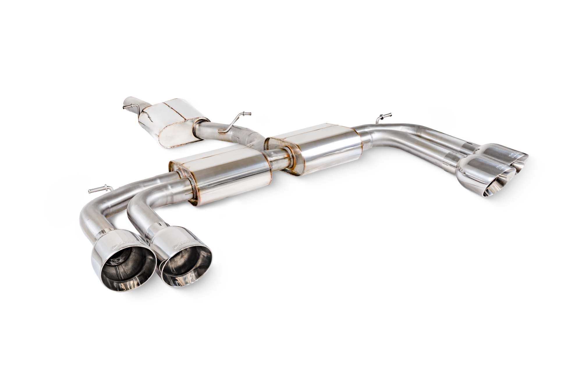 Scorpion Audi S3 8Y saloon GPF-back resonated cat-back exhaust system showing polished stainless steel pipes and mufflers.