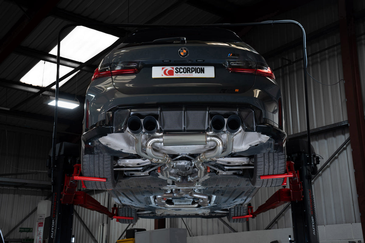 Scorpion BMW M3 G81 Touring Half Exhaust System showing polished metal pipes and muffler components.