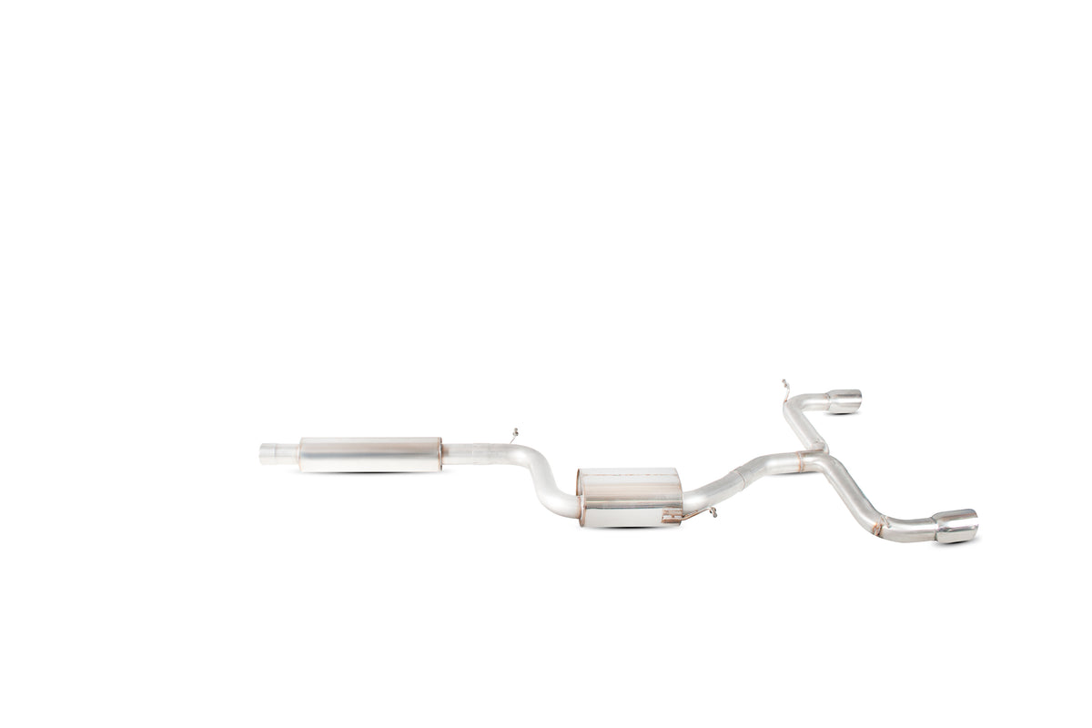 Scorpion Volkswagen Golf MK7 GTI resonated cat-back exhaust system with polished stainless steel muffler and dual exhaust tips.