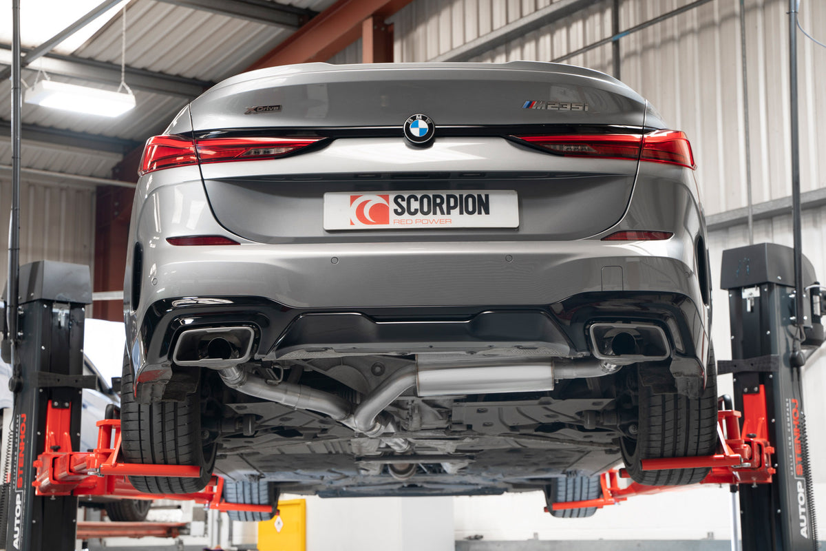 Scorpion BMW M235i Gran Coupe xDrive GPF-Back Exhaust System with electronic valve, showing polished metal pipes and muffler components.