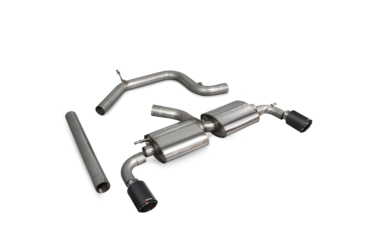 Scorpion Volkswagen Scirocco R non-resonated cat-back exhaust system installed on the car's rear view, showcasing polished pipes and tips.