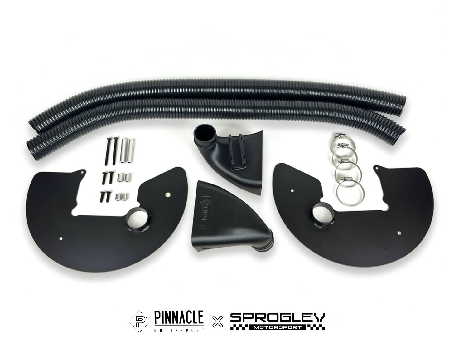 Sprogley Motorsport Pinnacle Complete Lower Arm Brake Cooling Kit for BMW F8X, featuring black brake ducts with mounting hardware.