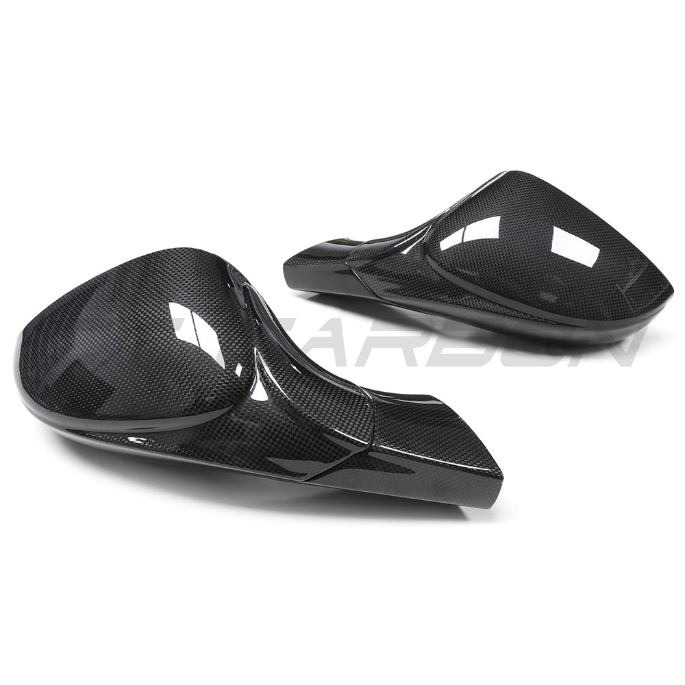 Ferrari 458 and 488 full carbon fiber side mirrors by CT Carbon showing sleek, lightweight automotive mirror design