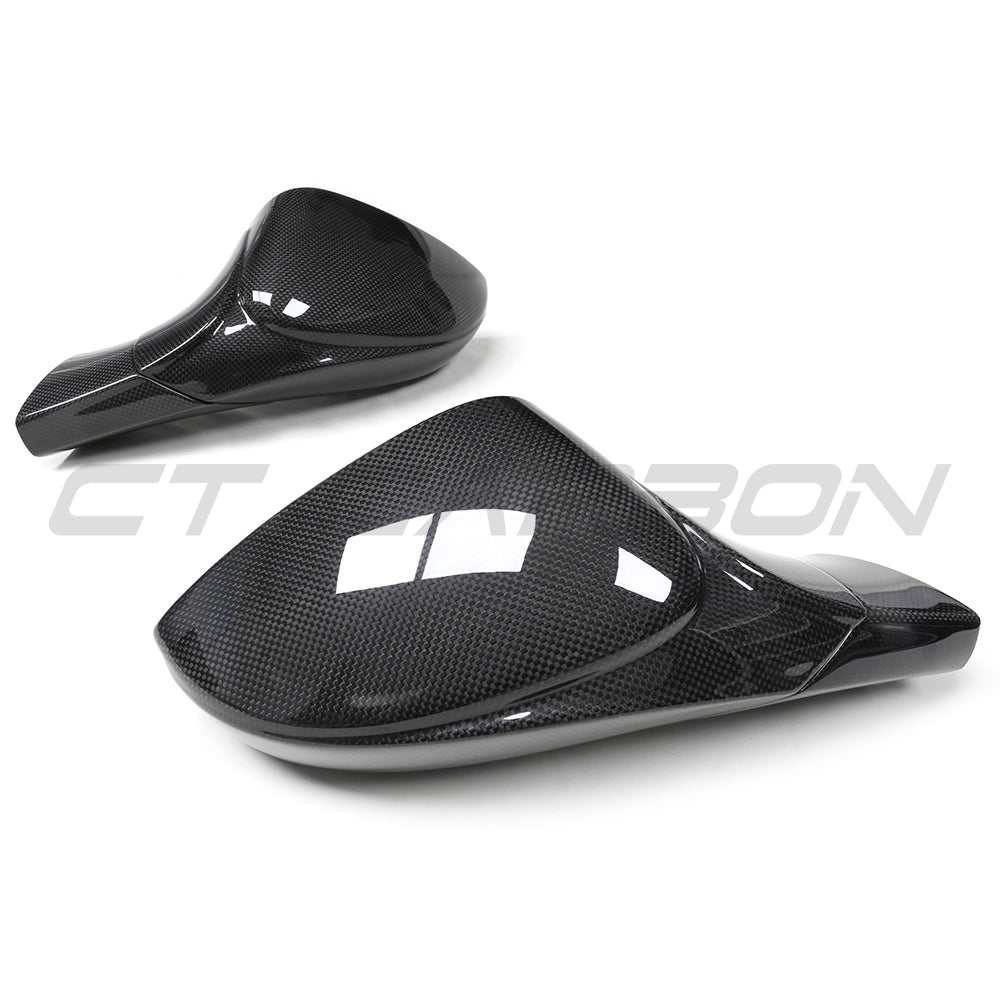 Ferrari 458 and 488 full carbon fibre mirrors by CT Carbon, showcasing sleek, lightweight racing-style side mirror designs.