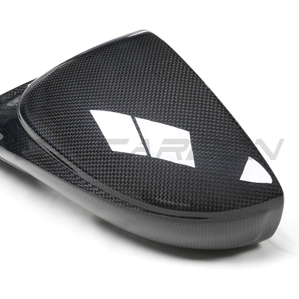 Ferrari 458 and 488 carbon fibre mirrors by CT Carbon, showcasing sleek, lightweight, full carbon fibre side mirrors.