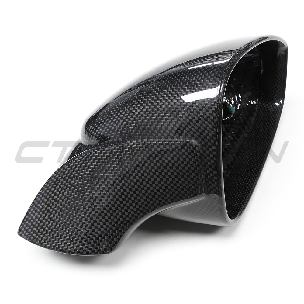 Ferrari 458 and 488 full carbon fiber mirrors by CT Carbon, showcasing sleek, lightweight racing-style side mirror designs.