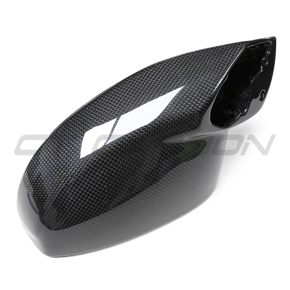 Ferrari 458 and 488 full carbon fiber mirrors by CT Carbon, showing sleek, lightweight mirror housing with carbon fiber finish.