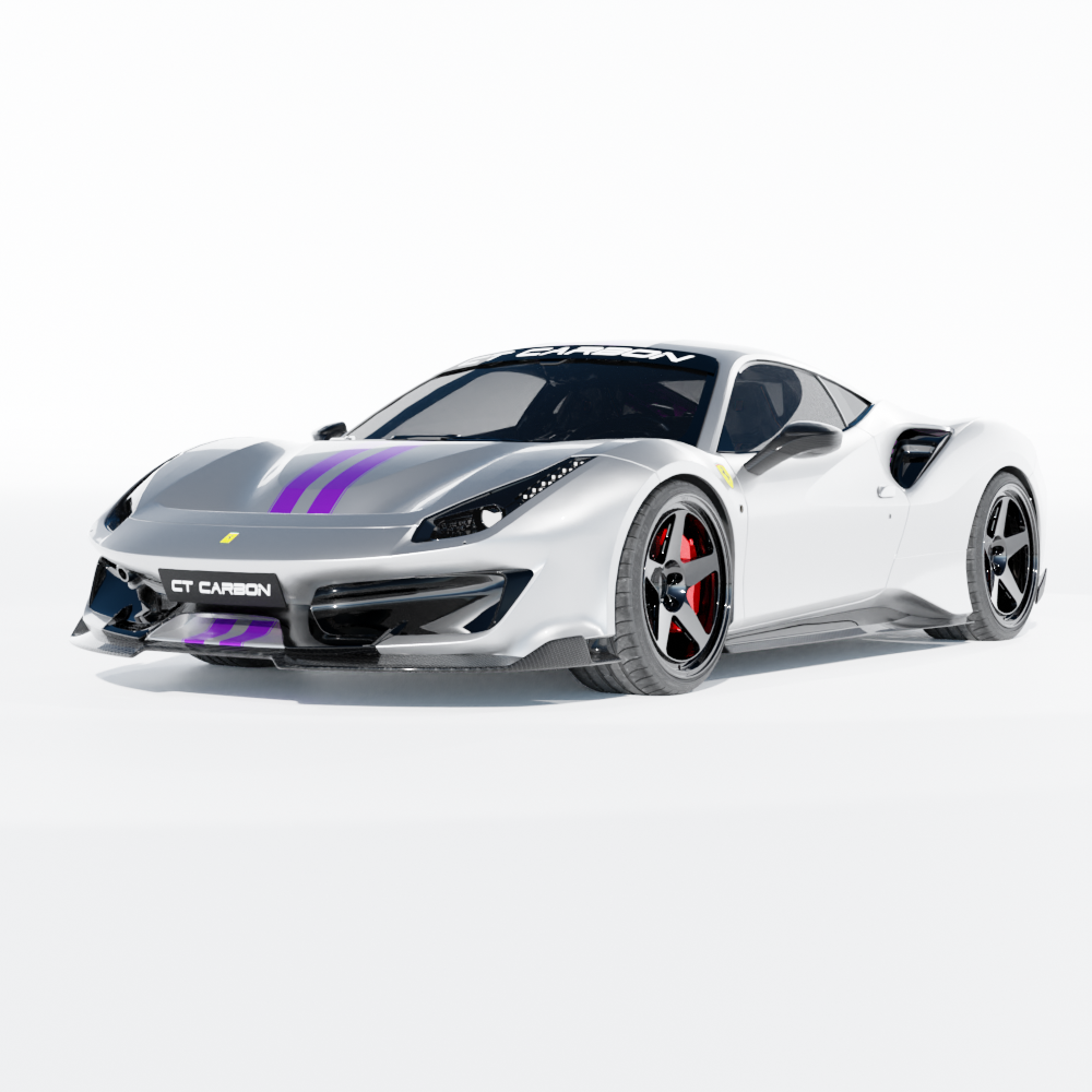Carbon fibre kit for Ferrari 488 Pista by CT Design, featuring sleek carbon fibre components and detailed craftsmanship.