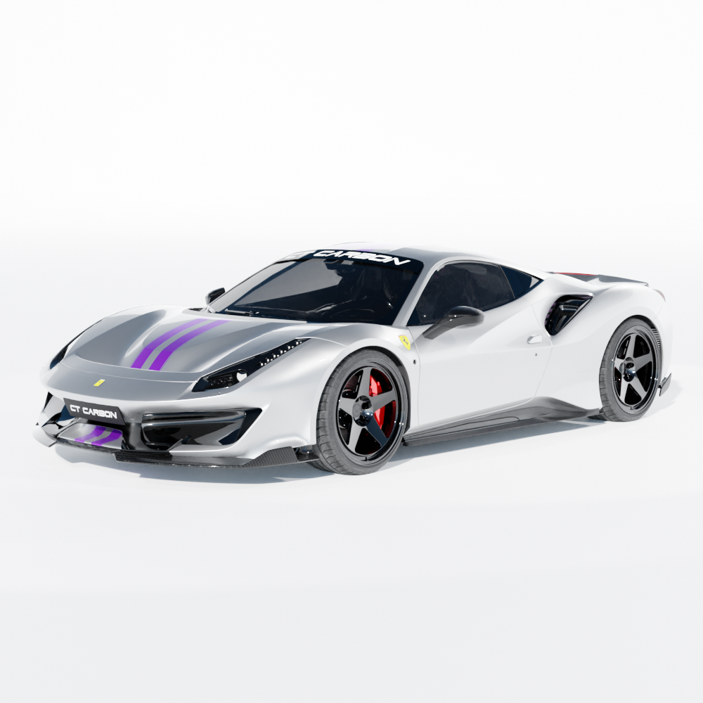 Carbon fibre kit for Ferrari 488 Pista by CT Carbon, showing sleek carbon fibre panels and detailing on the sports car.