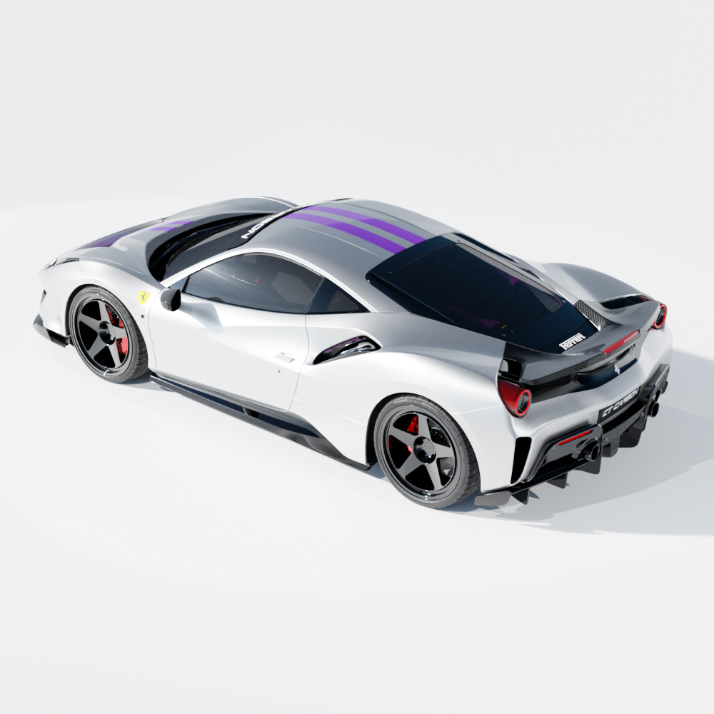 Ferrari 488 Pista carbon fibre kit by CT Design, showing close-up of lightweight carbon fibre panels on the sports car.