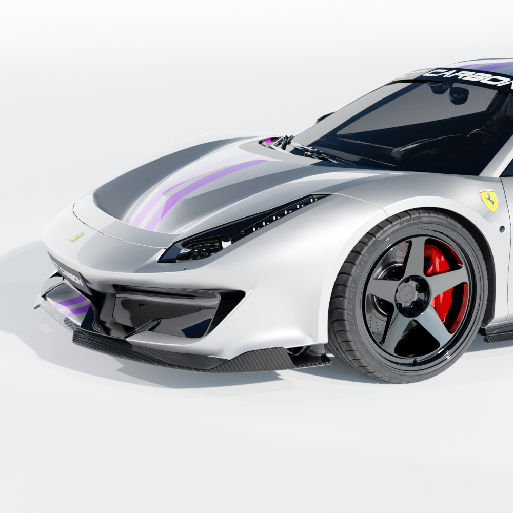 Close-up of a Ferrari 488 Pista carbon fibre kit by CT Carbon, showing detailed carbon fibre components and finish.