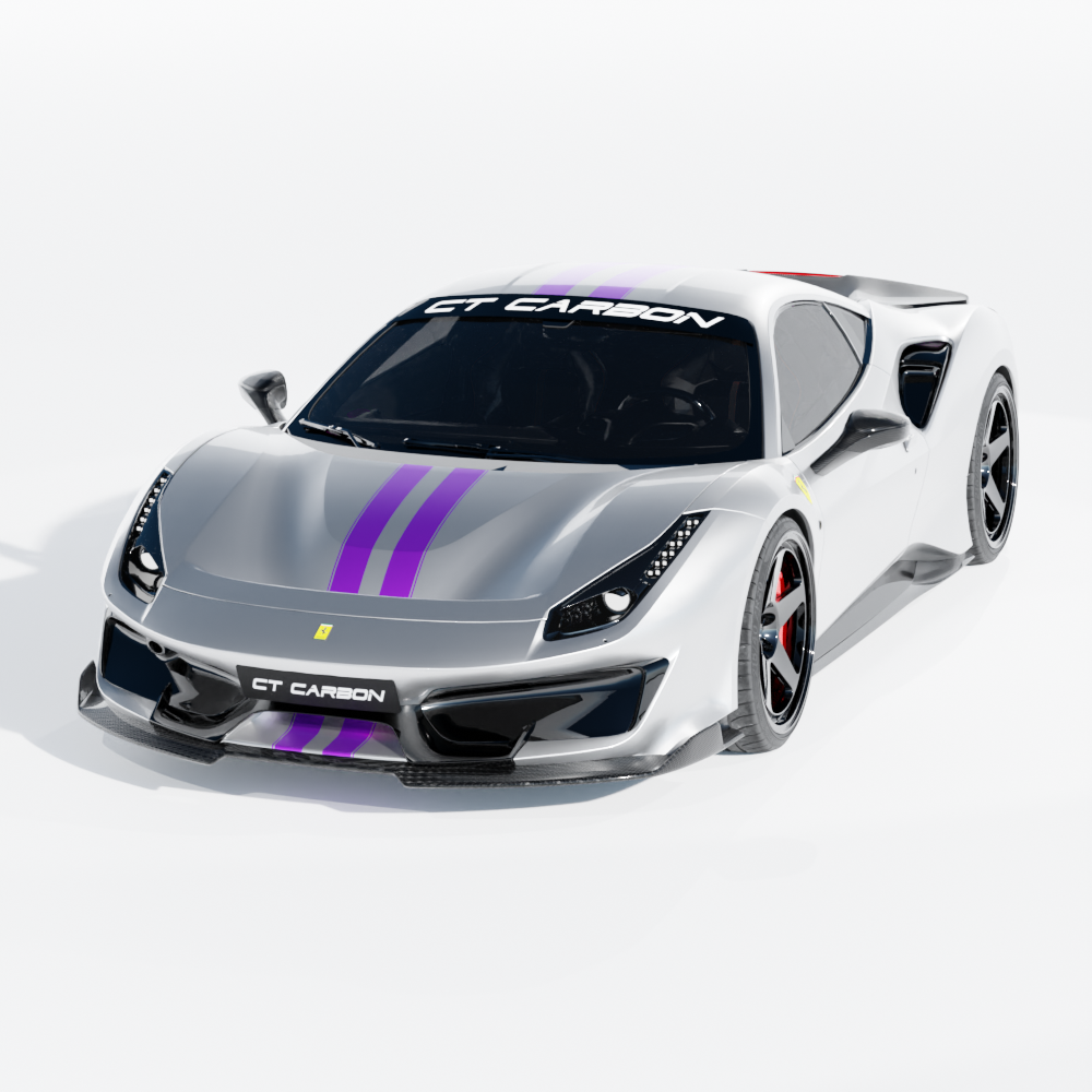 Ferrari 488 Pista carbon fibre side skirts by CT Carbon, showing sleek aerodynamic design and lightweight construction on the car.