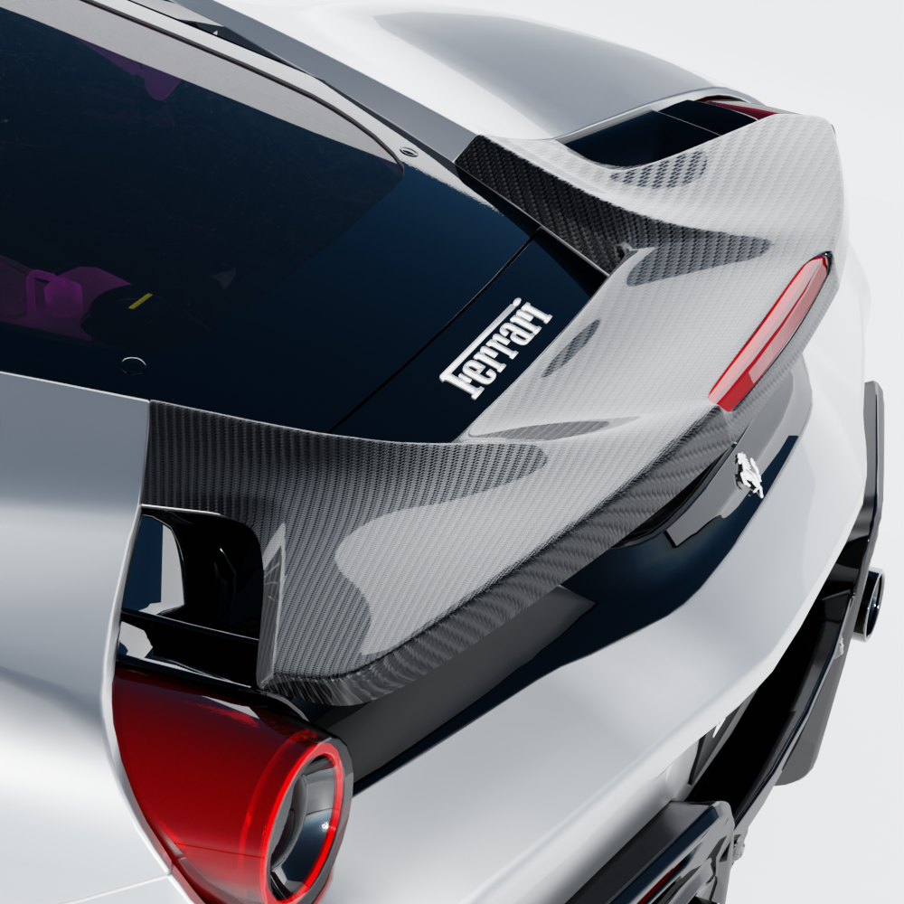 Ferrari 488 Pista carbon fibre spoiler by CT Carbon, close-up view of the sleek aerodynamic rear spoiler.